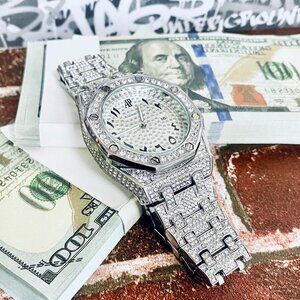 Iced Out Hip Hop Quartz Tank Style Stainless Diamond Watch 45MM